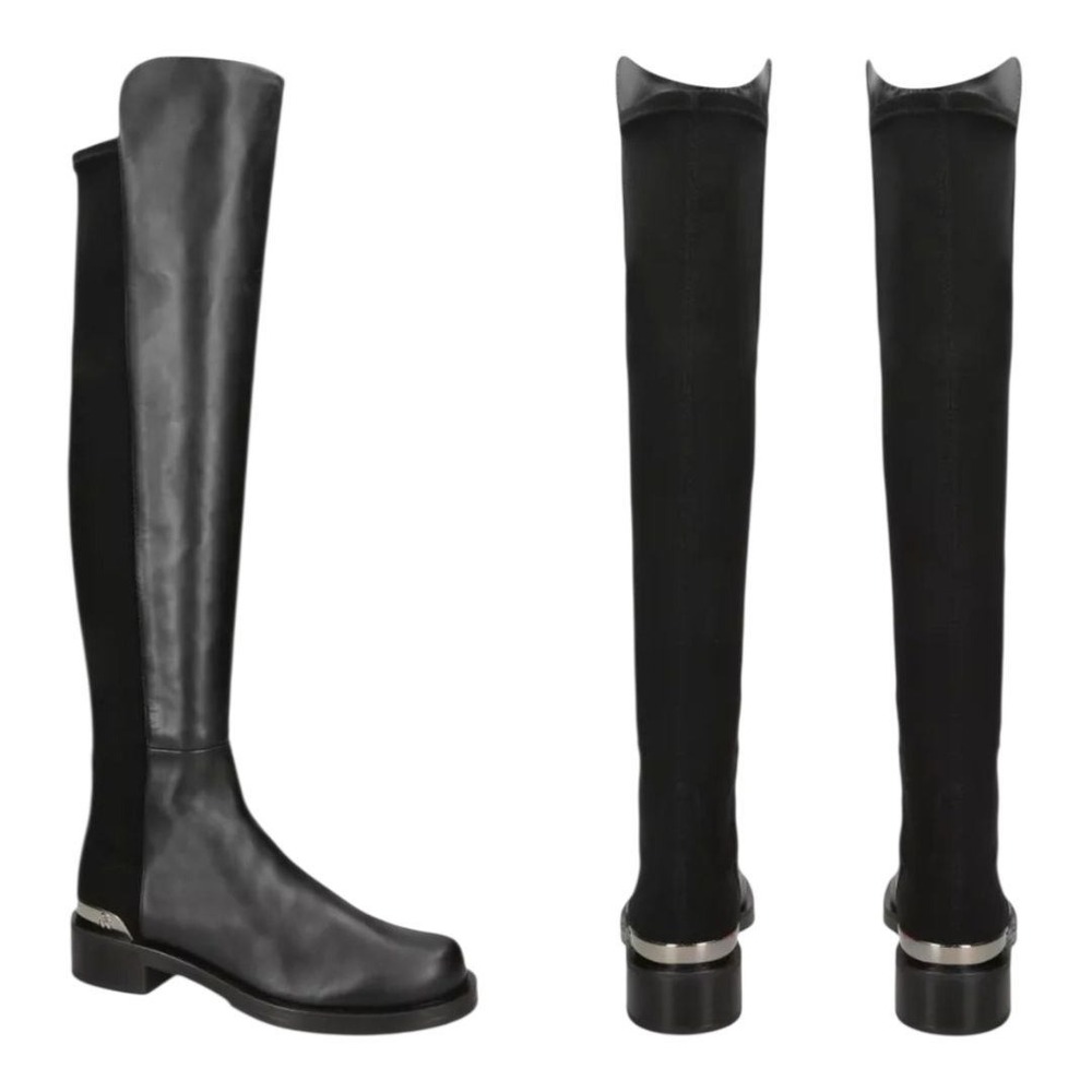 Stuart Weitzman 5050 Bold Logo Over Knee Boots Leather Block Heel Black Womens